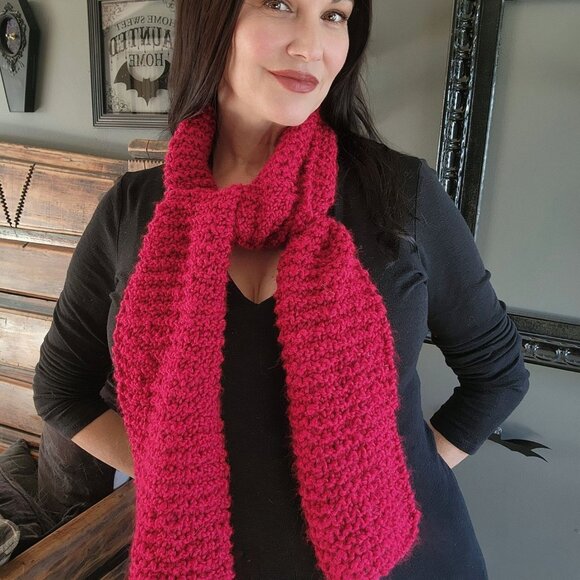 Knit Scarf, Chunky Red Boucle Yarn, "Crimson" OOAK One Of A Kind Cozy Goth Style - Picture 9 of 10